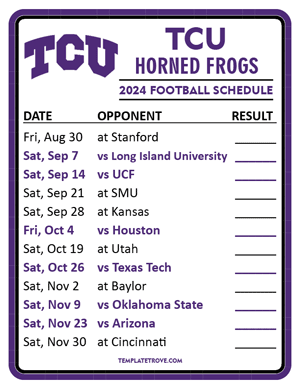 TCU Horned Frogs Football 2024
 Printable Schedule  - Style 2