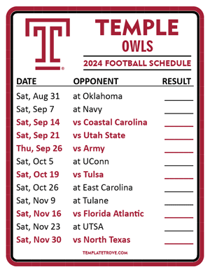 Temple Owls Football 2024
 Printable Schedule  - Style 2