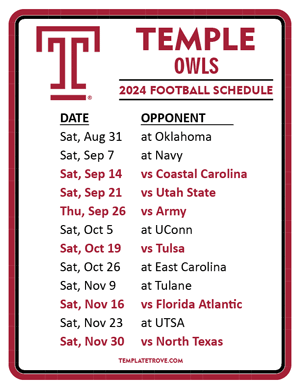 Temple Owls Football 2024
 Printable Schedule