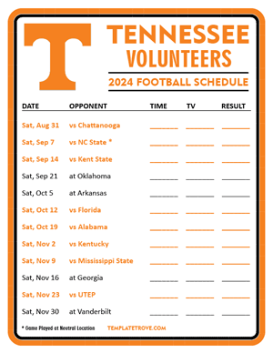 Tennessee Volunteers Football 2024
 Printable Schedule - Style 3