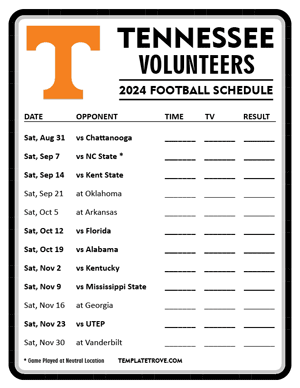 Tennessee Volunteers Football 2024
 Printable Schedule - Style 4