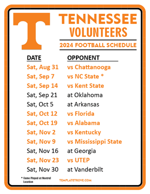 Tennessee Volunteers Football 2024
 Printable Schedule