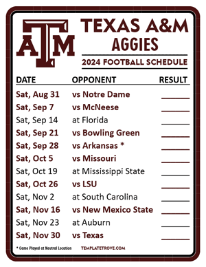 Texas A&M Aggies Football 2024
 Printable Schedule  - Style 2