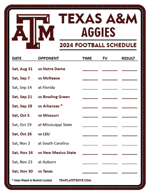 Texas A&M Aggies Football 2024
 Printable Schedule - Style 3