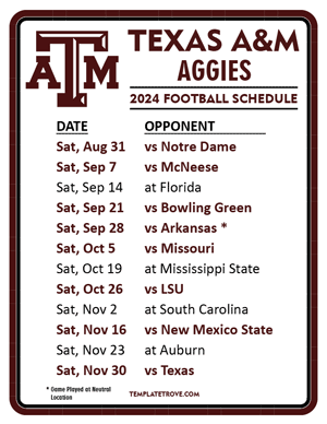 Texas A&M Aggies Football 2024
 Printable Schedule