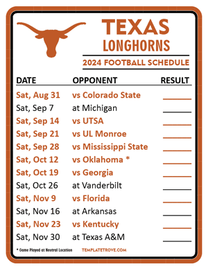Texas Longhorns Football 2024
 Printable Schedule  - Style 2