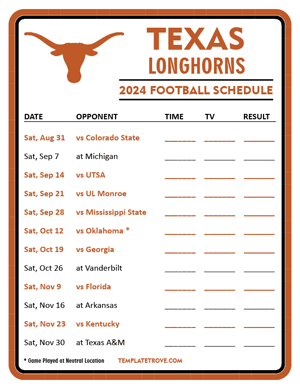 Texas Longhorns Football 2024
 Printable Schedule - Style 3