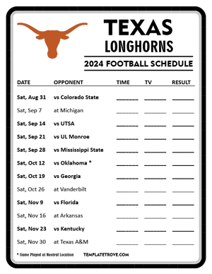 Texas Longhorns Football 2024
 Printable Schedule - Style 4