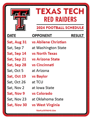 Texas Tech Red Raiders Football 2024
 Printable Schedule  - Style 2