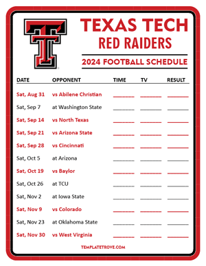 Texas Tech Red Raiders Football 2024
 Printable Schedule - Style 3