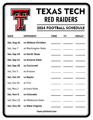 Texas Tech Red Raiders Football 2024
 Printable Schedule - Style 4