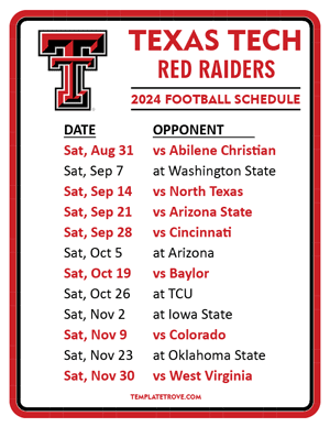 Texas Tech Red Raiders Football 2024
 Printable Schedule