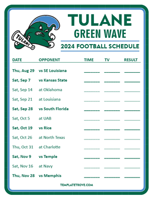 Tulane Green Wave Football 2024
 Printable Schedule - Style 3