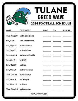 Tulane Green Wave Football 2024
 Printable Schedule - Style 4