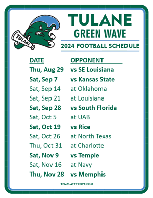 Tulane Green Wave Football 2024
 Printable Schedule
