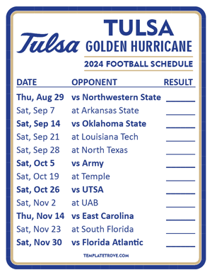 Tulsa Golden Hurricane Football 2024
 Printable Schedule  - Style 2