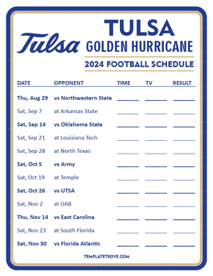 Tulsa Golden Hurricane Football 2024
 Printable Schedule - Style 3