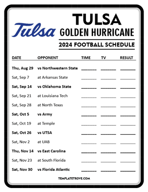 Tulsa Golden Hurricane Football 2024
 Printable Schedule - Style 4
