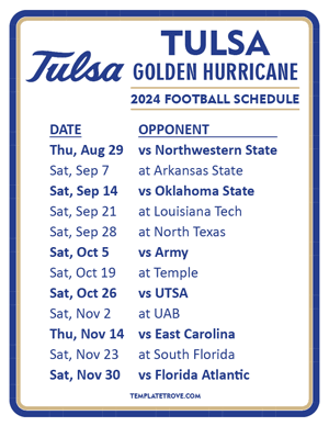Tulsa Golden Hurricane Football 2024
 Printable Schedule