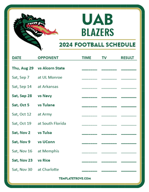 UAB Blazers
 Football 2024
 Printable Schedule - Style 3