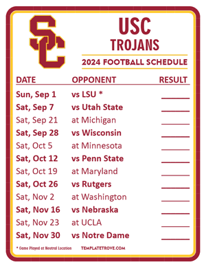 USC Trojans Football 2024
 Printable Schedule  - Style 2