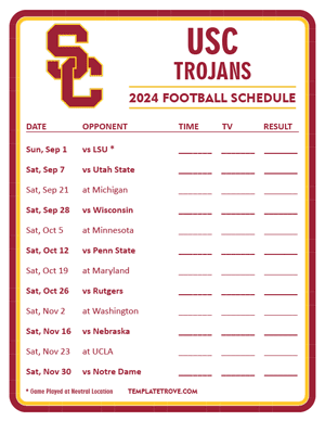 USC Trojans Football 2024
 Printable Schedule - Style 3