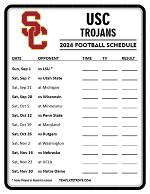 USC Trojans Football 2024
 Printable Schedule - Style 4