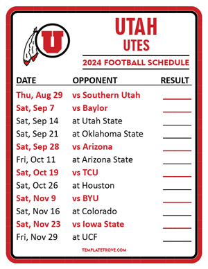Utah Utes Football 2024
 Printable Schedule  - Style 2