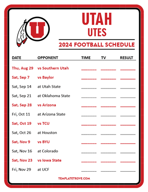 Utah Utes Football 2024
 Printable Schedule - Style 3