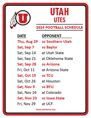 Utah Utes Football 2024
 Printable Schedule