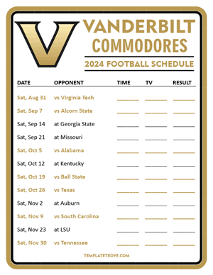 Vanderbilt Commodores Football 2024
 Printable Schedule - Style 3