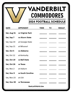 Vanderbilt Commodores Football 2024
 Printable Schedule - Style 4
