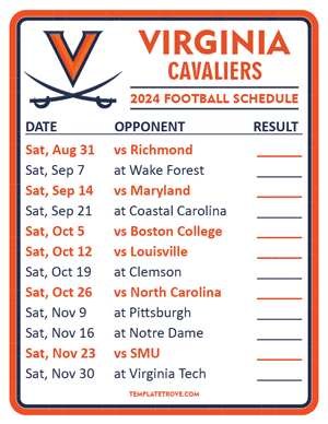 Virginia Cavaliers Football 2024
 Printable Schedule  - Style 2