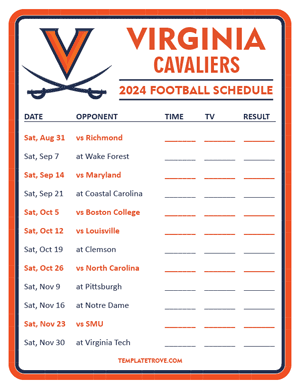 Virginia Cavaliers Football 2024
 Printable Schedule - Style 3