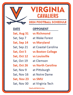 Virginia Cavaliers Football 2024
 Printable Schedule