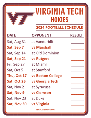 Virginia Tech Hokies Football 2024
 Printable Schedule  - Style 2