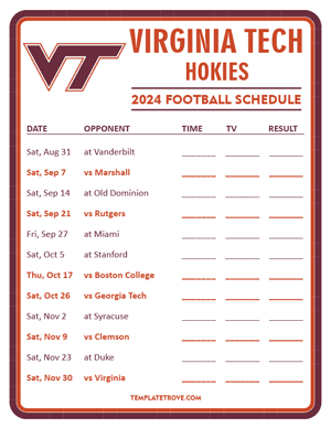 Virginia Tech Hokies Football 2024
 Printable Schedule - Style 3