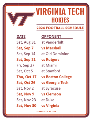 Virginia Tech Hokies Football 2024
 Printable Schedule