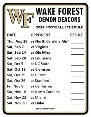 Wake Forest Demon Deacons Football 2024
 Printable Schedule  - Style 2