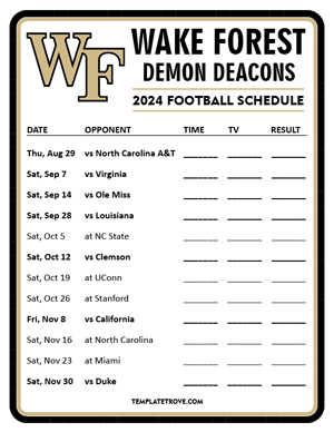 Wake Forest Demon Deacons Football 2024
 Printable Schedule - Style 3