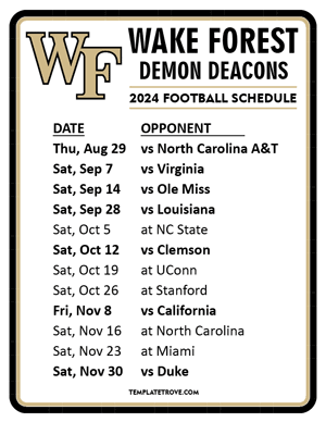 Wake Forest Demon Deacons Football 2024
 Printable Schedule