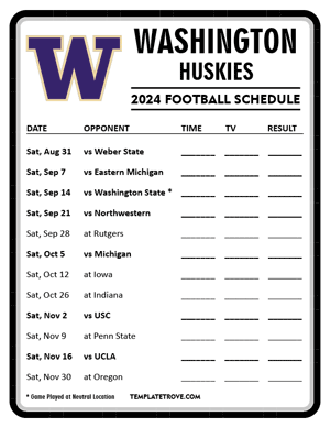 Washington Huskies Football 2024
 Printable Schedule - Style 4