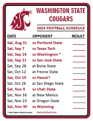 Washington State Cougars Football 2024
 Printable Schedule  - Style 2