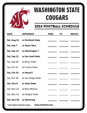 Washington State Cougars Football 2024
 Printable Schedule - Style 4