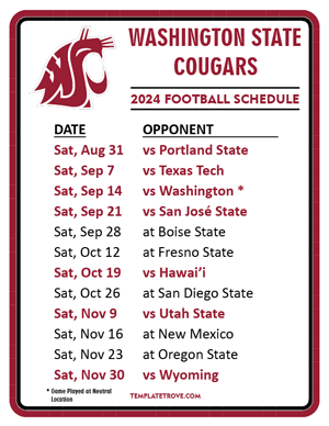 Washington State Cougars Football 2024
 Printable Schedule