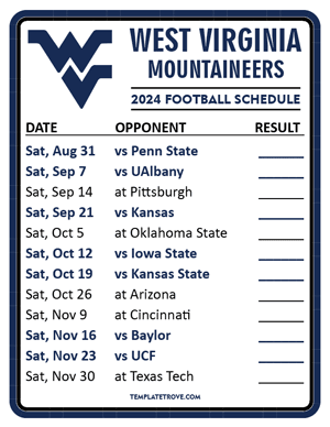 West Virginia Mountaineers Football 2024
 Printable Schedule  - Style 2