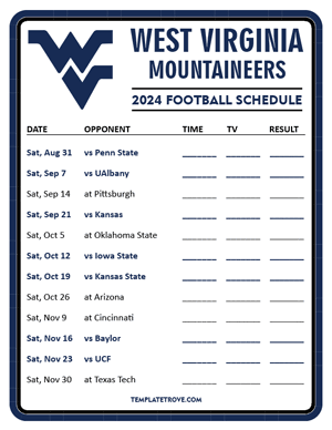 West Virginia Mountaineers Football 2024
 Printable Schedule - Style 3