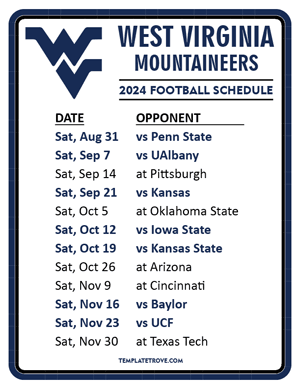 West Virginia Mountaineers Football 2024
 Printable Schedule