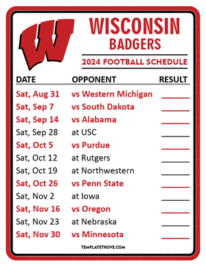 Wisconsin Badgers Football 2024
 Printable Schedule  - Style 2