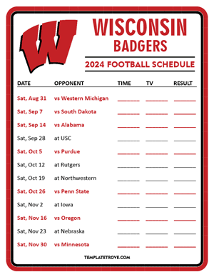 Wisconsin Badgers Football 2024
 Printable Schedule - Style 3